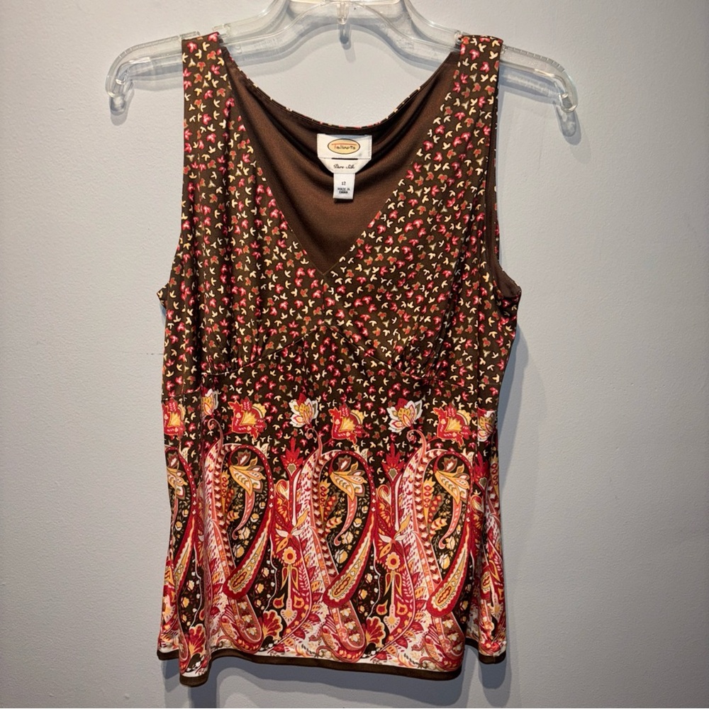 VTG Talbots Pure Silk Babydoll Cami Brown‎ Floral Paisley Sleeveless Blouse Sz12